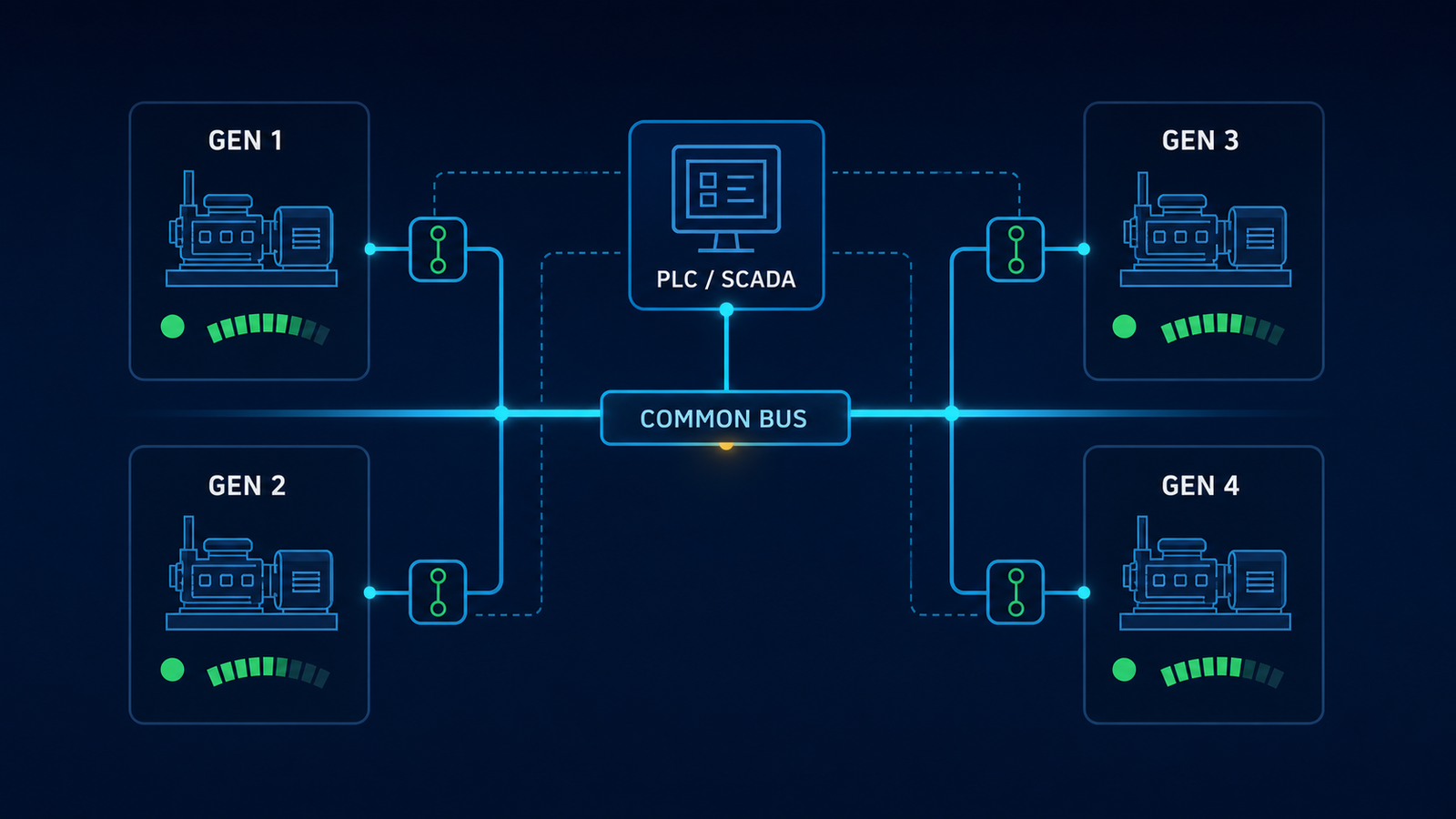Simplified SCADA interface showing four diesel generators connected in parallel to a common bus