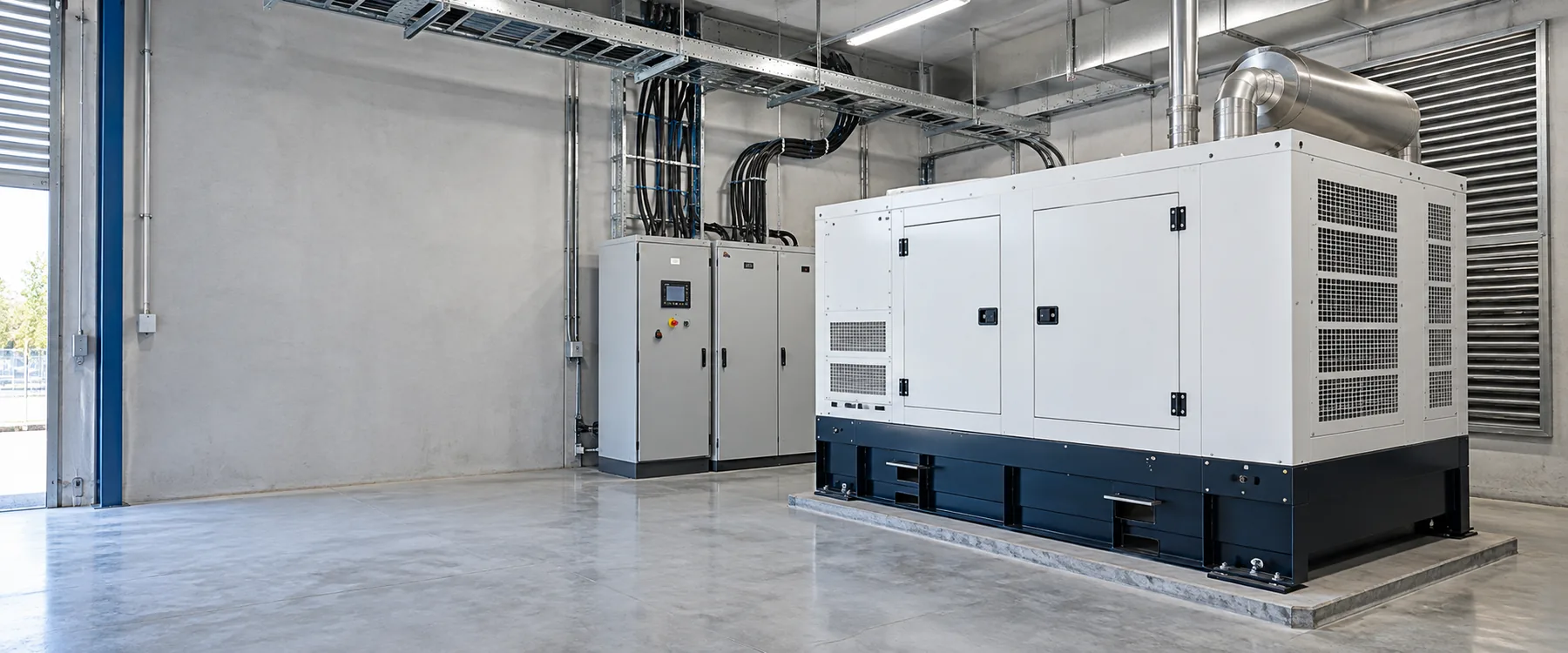 Enclosed diesel generator and electrical control cabinets in a clean industrial plant room