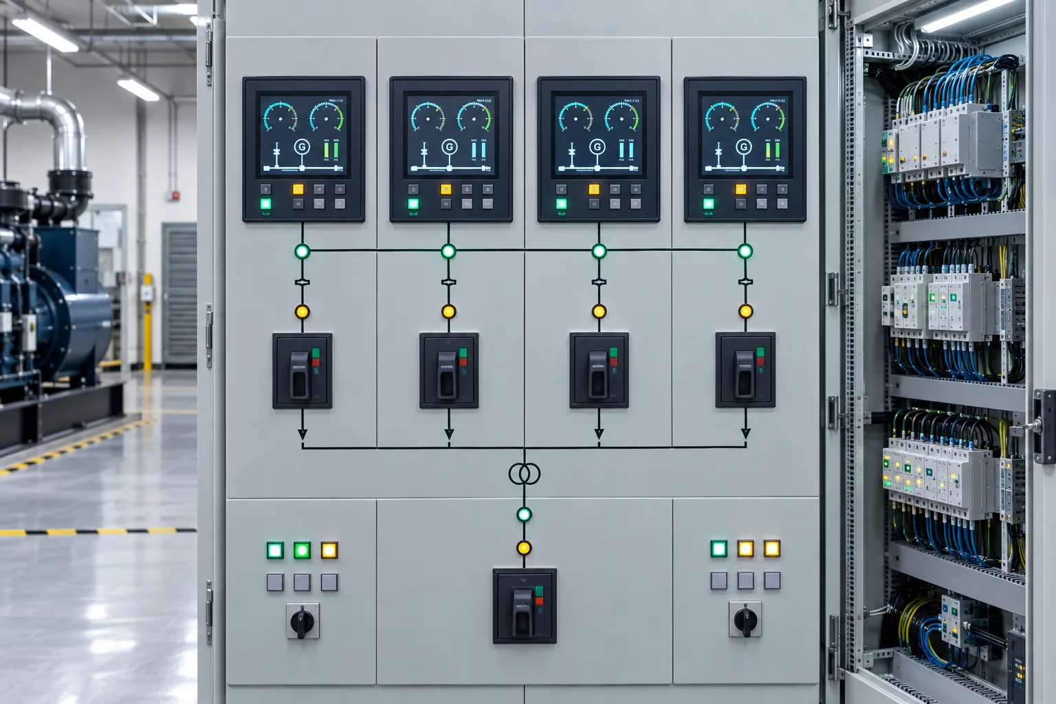Synchronising and load-sharing control panel for four parallel diesel generator sets