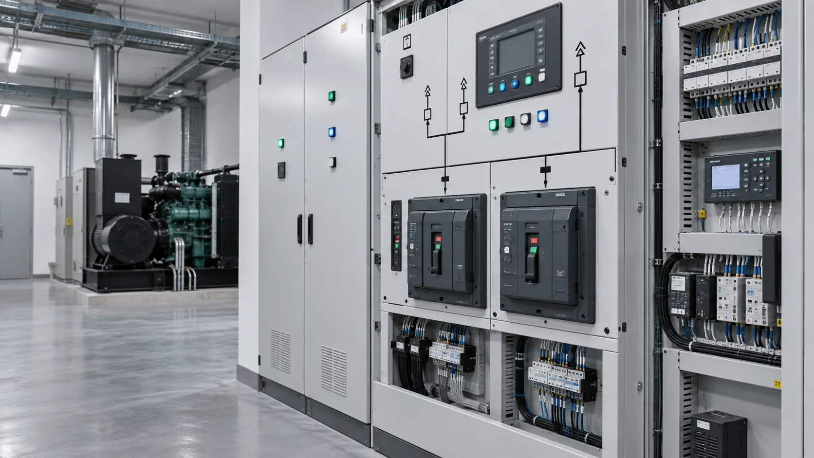 Automatic transfer switch and generator switchboard control equipment in an industrial plant room