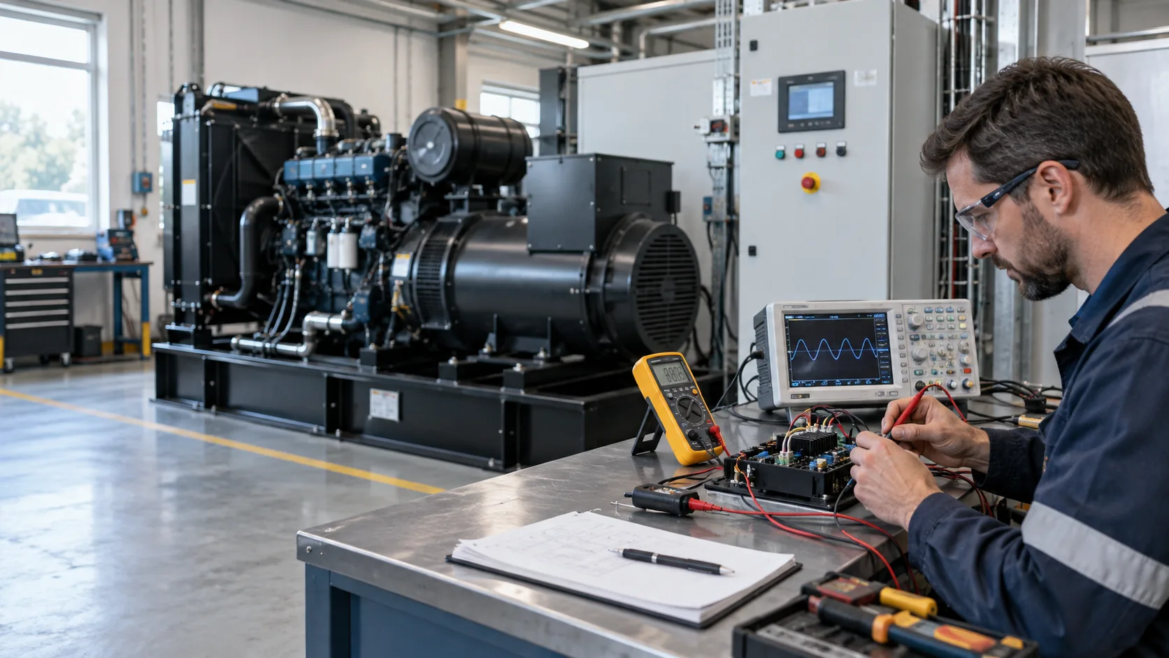 Electrical engineer testing a generator automatic voltage regulator and excitation circuit with an oscilloscope