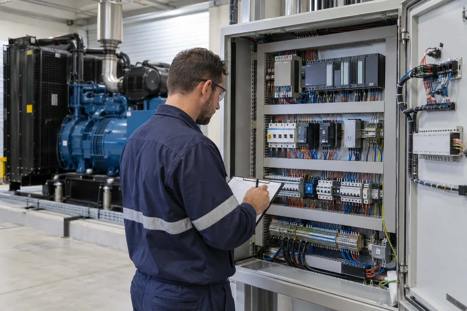 Electrical engineer inspecting a diesel generator PLC and control panel during planned maintenance
