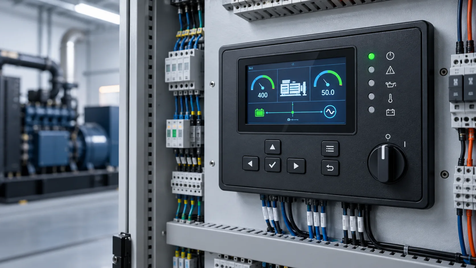 Modern diesel generator controller installed in a professionally wired electrical control panel