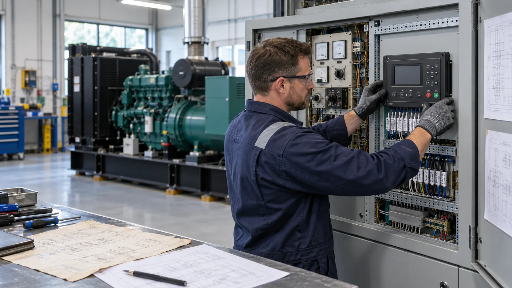 Technician installing a modern controller into an upgraded diesel generator control panel
