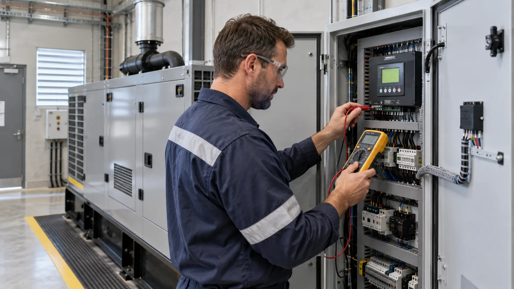Electrical technician diagnosing a diesel generator control panel with a digital multimeter