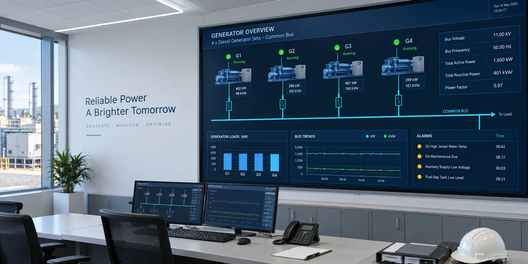 Power station SCADA control room monitoring four diesel generators connected in parallel