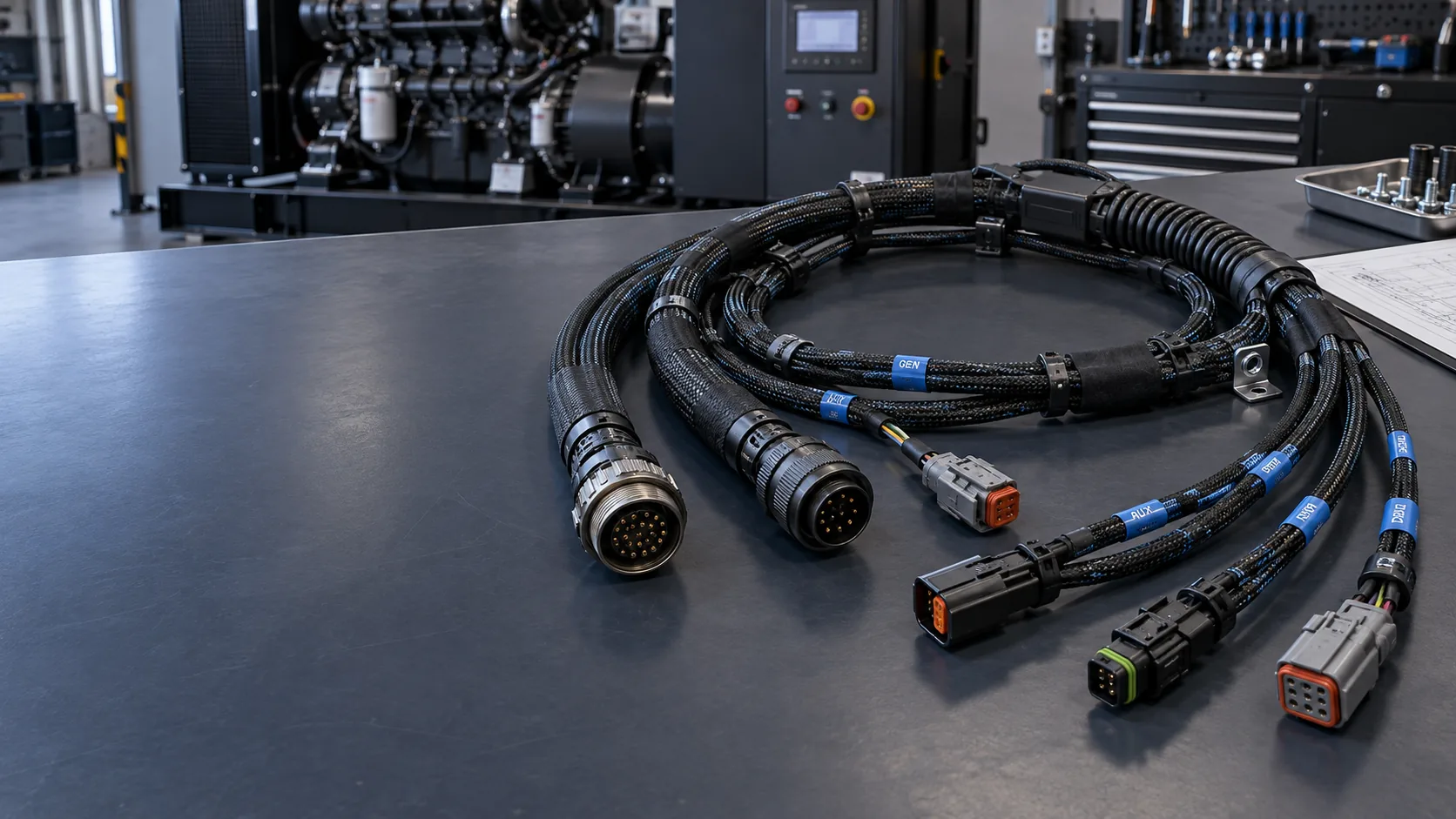 Custom diesel generator wiring harness with sealed connectors and protective braided sleeving